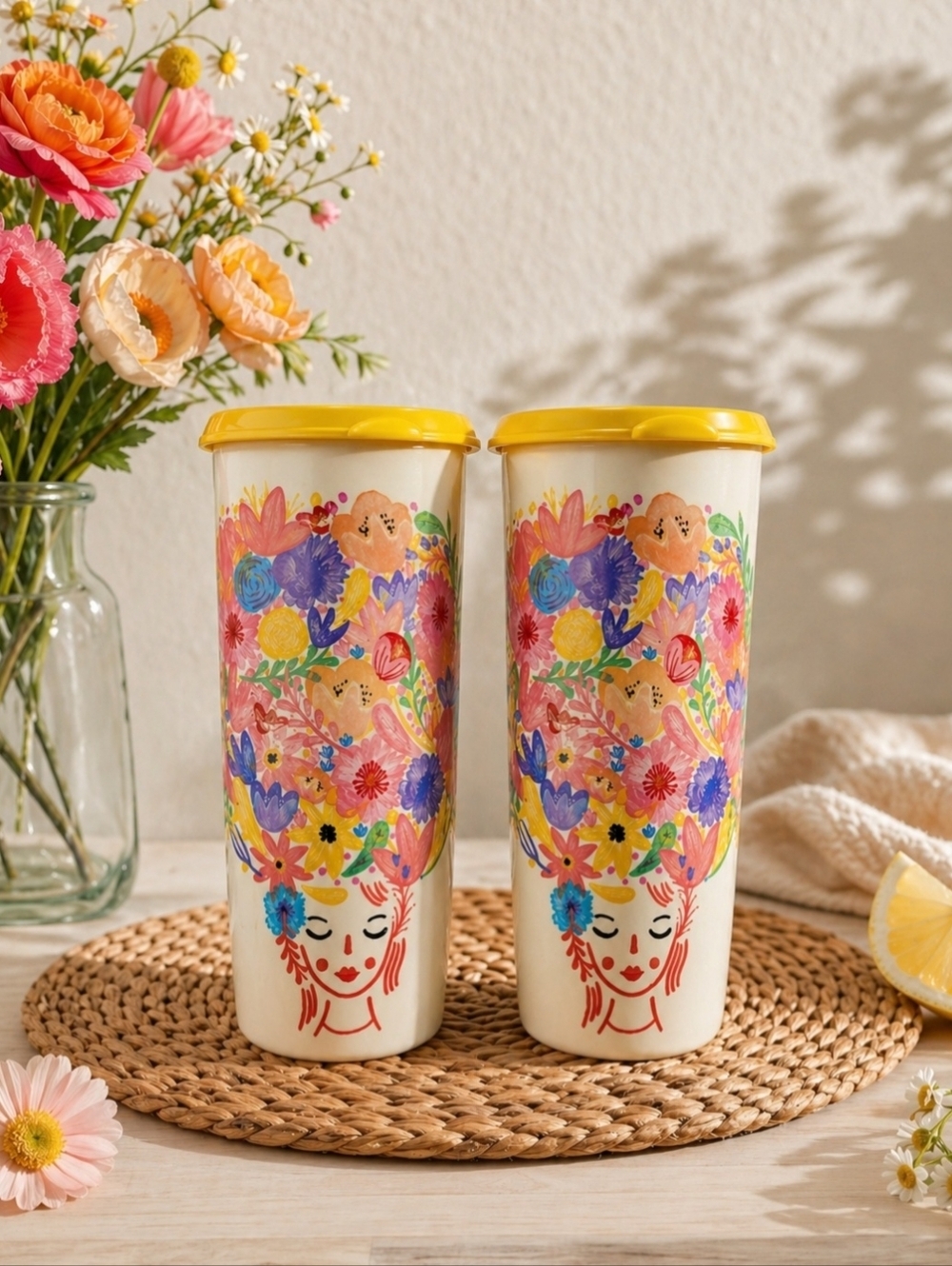 Tupperware Set of 2 with Lids Fanciful Floral Pattern 16oz Tumbler Cups #5107